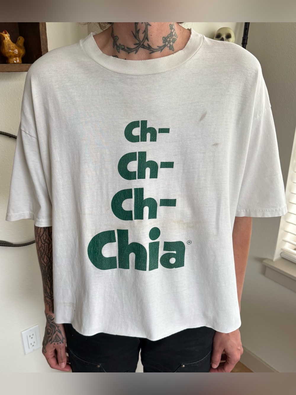 Vintage 90s Chia Seed Cropped Distressed Promotional Graphic Tee ~ Size XL